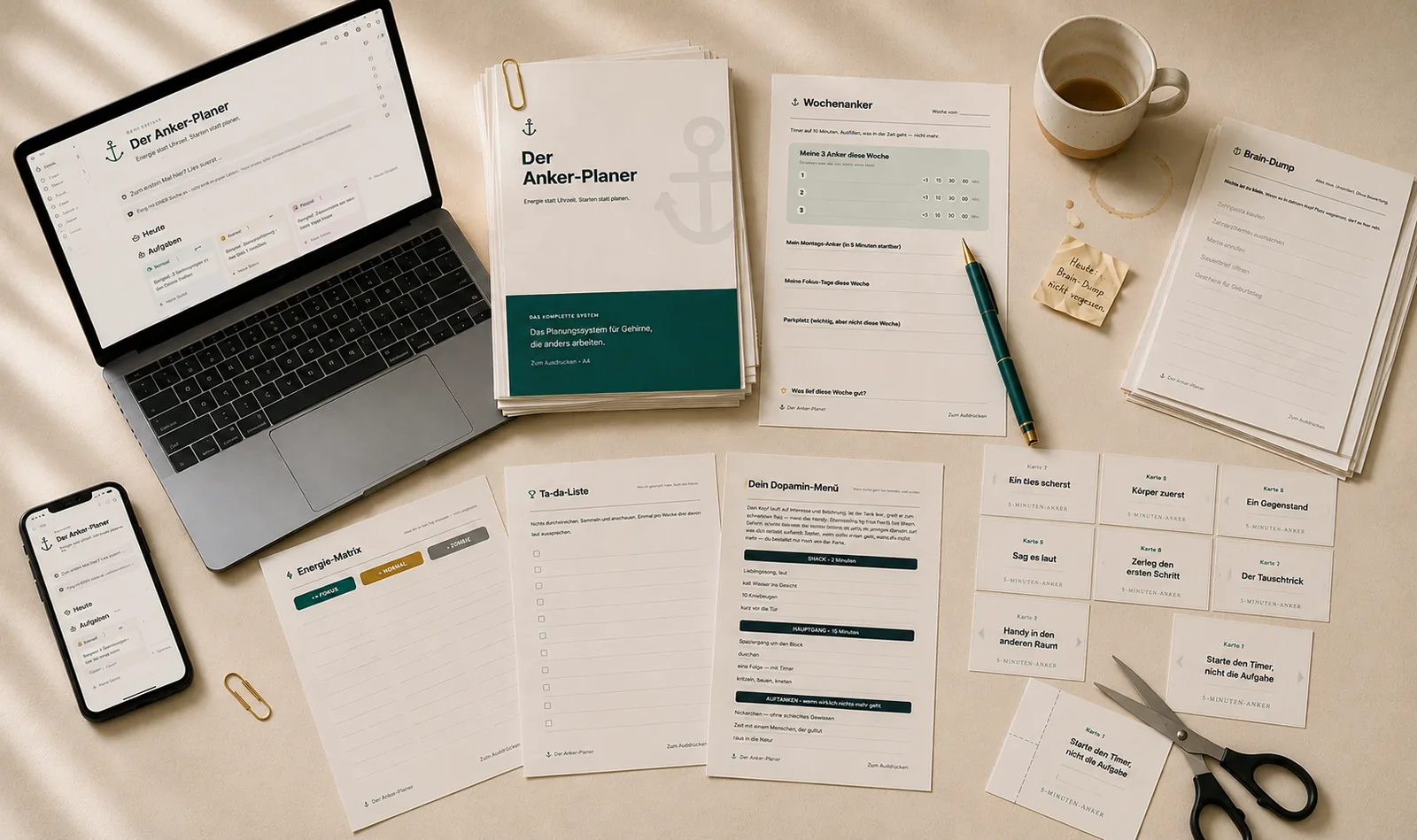 Todas las piezas de un vistazo — versión de Notion, agenda en PDF y plantillas imprimibles